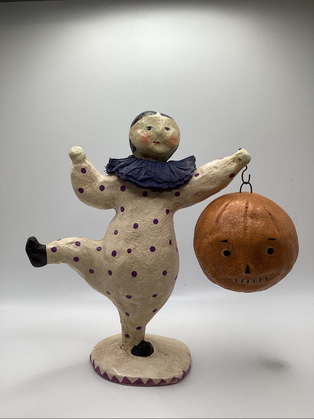 2004 Nicol Sayre Paper Mache Clown Holding Jack O'Lantern Pumpkin